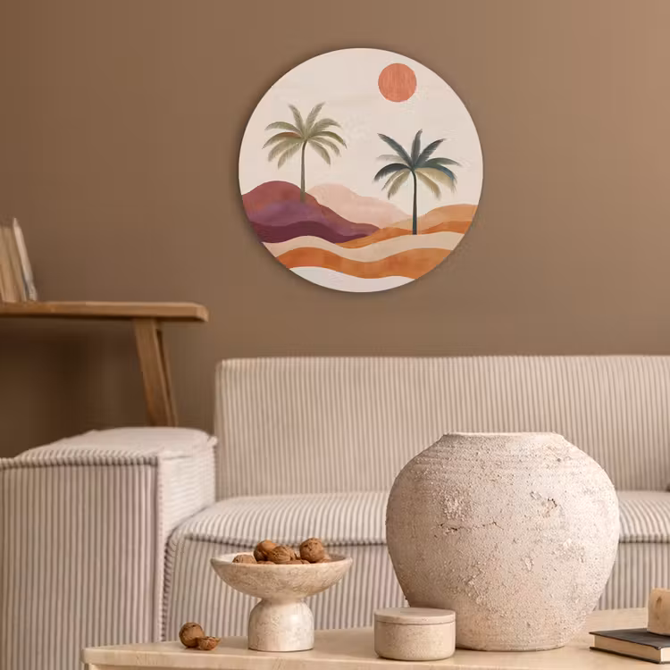 Palmbomen - Abstract - Zon - Heuvels Akoestische PET Vilt - Rond klein -sfeer1