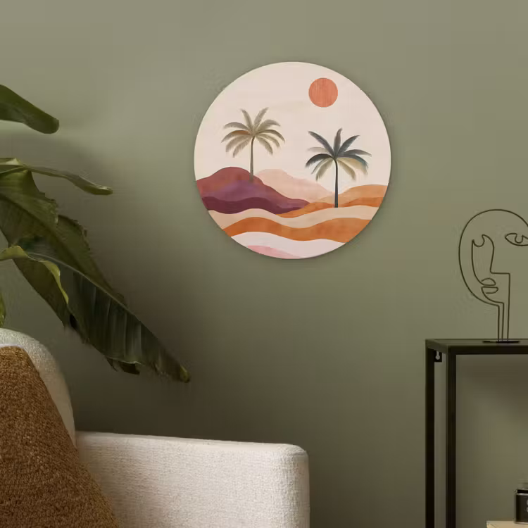 Palmbomen - Abstract - Zon - Heuvels Akoestische PET Vilt - Rond klein -sfeer2