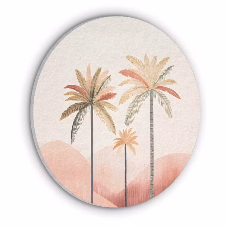 Palmbomen - Heuvels - Minimalistisch - Zachtroze Akoestische PET Vilt - Rond klein -3d