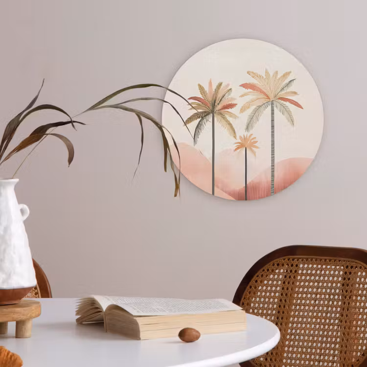 Palmbomen - Heuvels - Minimalistisch - Zachtroze Akoestische PET Vilt - Rond klein -sfeer3
