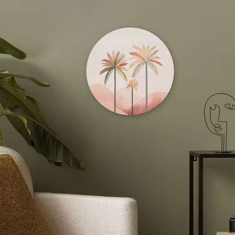 Palmbomen - Heuvels - Minimalistisch - Zachtroze Akoestische PET Vilt - Rond klein -sfeer2