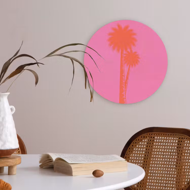 Palmbomen - Modern - Roze Akoestische PET Vilt - Rond klein -sfeer3