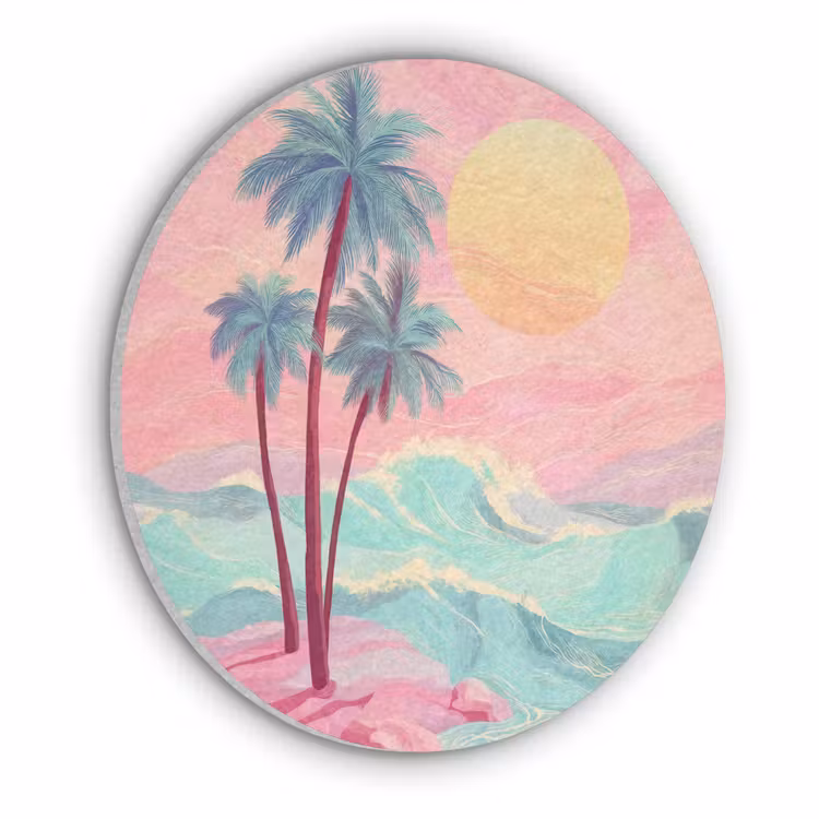 Palmbomen - Golven - Zee Akoestische PET Vilt - Rond klein -3d