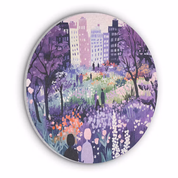Park - Bomen - Bloemen - Gebouwen Akoestische PET Vilt - Rond klein -3d