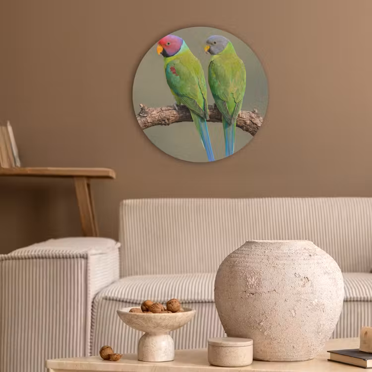Papagaai - Tak - Natuur - Kleurrijk Akoestische PET Vilt - Rond klein -sfeer1