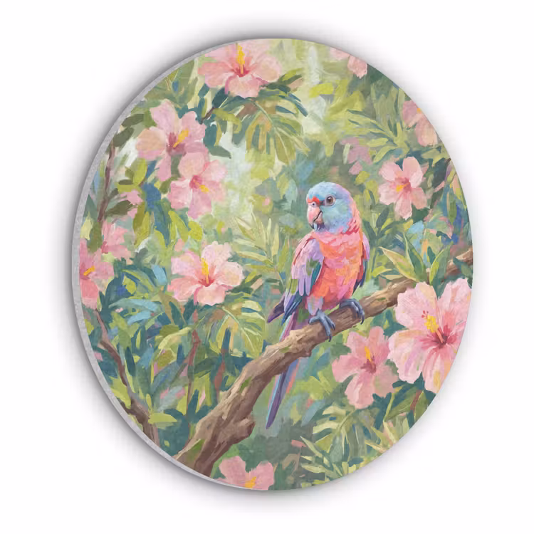 Papagaai - Hibiscusbloemen - Kleurrijk Akoestische PET Vilt - Rond klein -3d