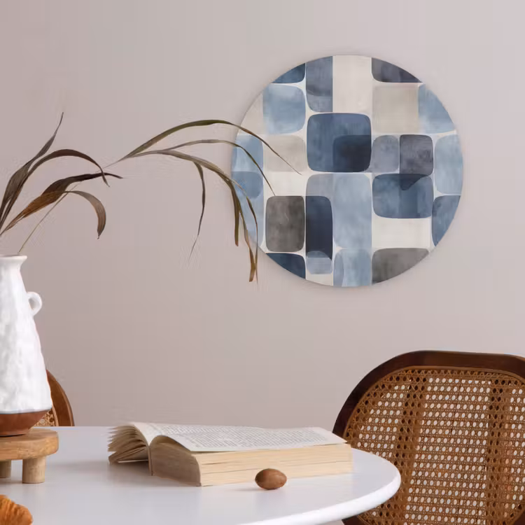 Patroon - Blauw - Vierkanten Akoestische PET Vilt - Rond klein -sfeer3