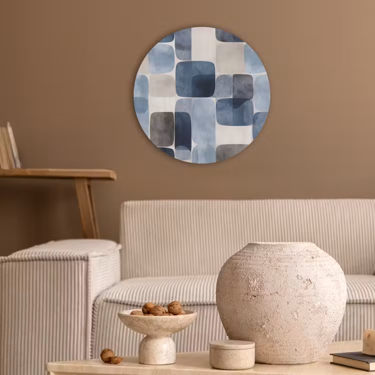 Patroon - Blauw - Vierkanten Akoestische PET Vilt - Rond klein -sfeer1