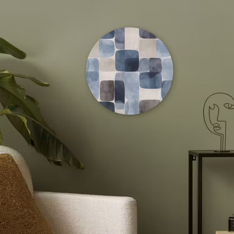 Patroon - Blauw - Vierkanten Akoestische PET Vilt - Rond klein -sfeer2