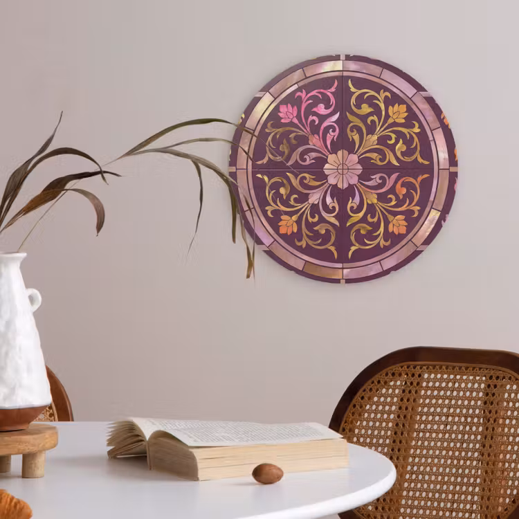 Patroon - Floraal - Oosters - Paars - Goud Akoestische PET Vilt - Rond klein -sfeer3