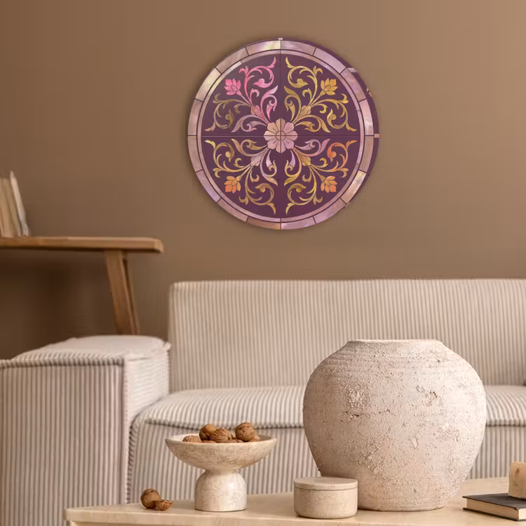 Patroon - Floraal - Oosters - Paars - Goud Akoestische PET Vilt - Rond klein -sfeer1