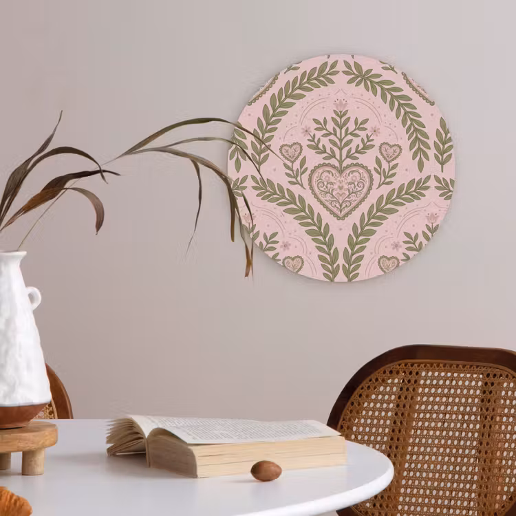 Patroon - Hart - Bloemen - Folkloristisch - Roze Akoestische PET Vilt - Rond klein -sfeer3