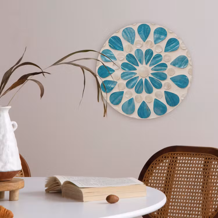 Patroon - Mozaïek - Schelpen - Abstract - Turquoise Akoestische PET Vilt - Rond klein -sfeer3