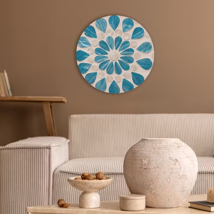 Patroon - Mozaïek - Schelpen - Abstract - Turquoise Akoestische PET Vilt - Rond klein -sfeer1