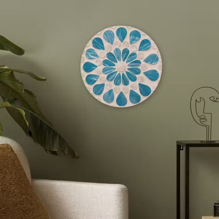 Patroon - Mozaïek - Schelpen - Abstract - Turquoise Akoestische PET Vilt - Rond klein -sfeer2