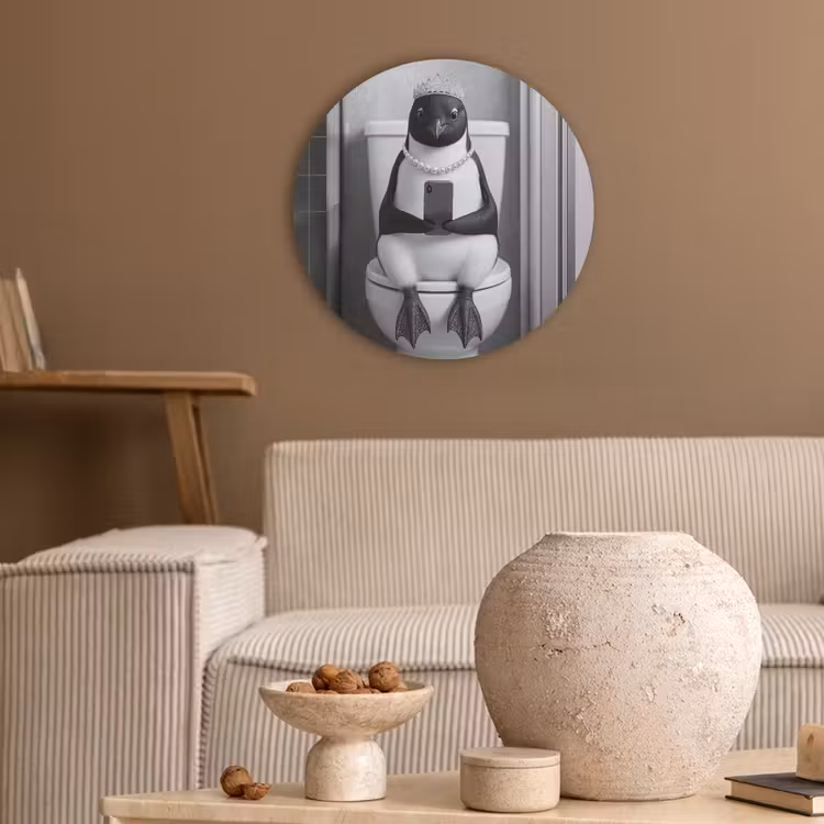 Pinguïn - Telefoon - Toilet - Zwart - Wit Akoestische PET Vilt - Rond klein -sfeer1