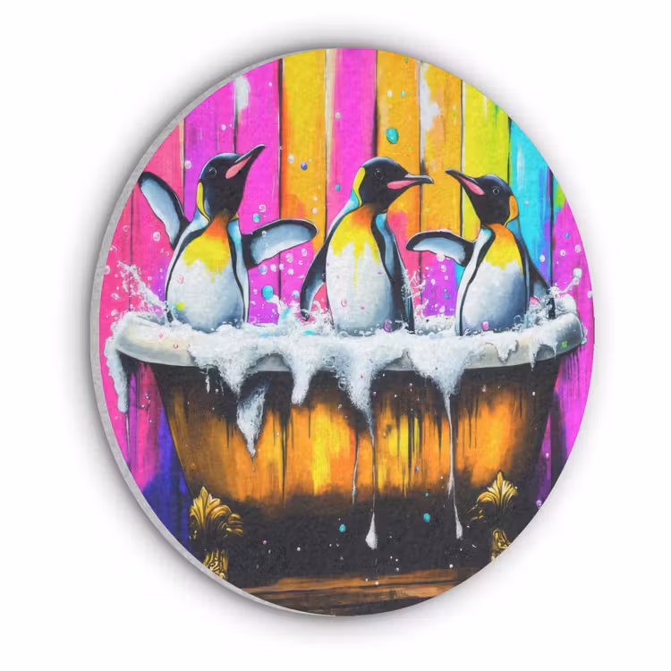Pinguïns - Badkuip - Kleurrijk - Schuim Akoestische PET Vilt - Rond klein -3d
