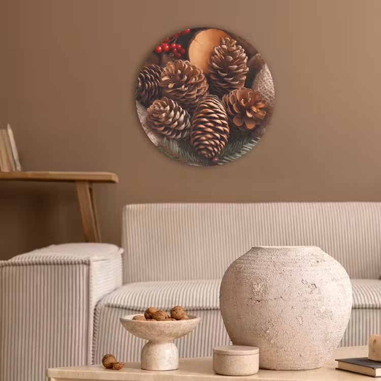 Dennenappels - Boom - Winter - Natuur - Bruin Akoestische PET Vilt - Rond klein -sfeer1
