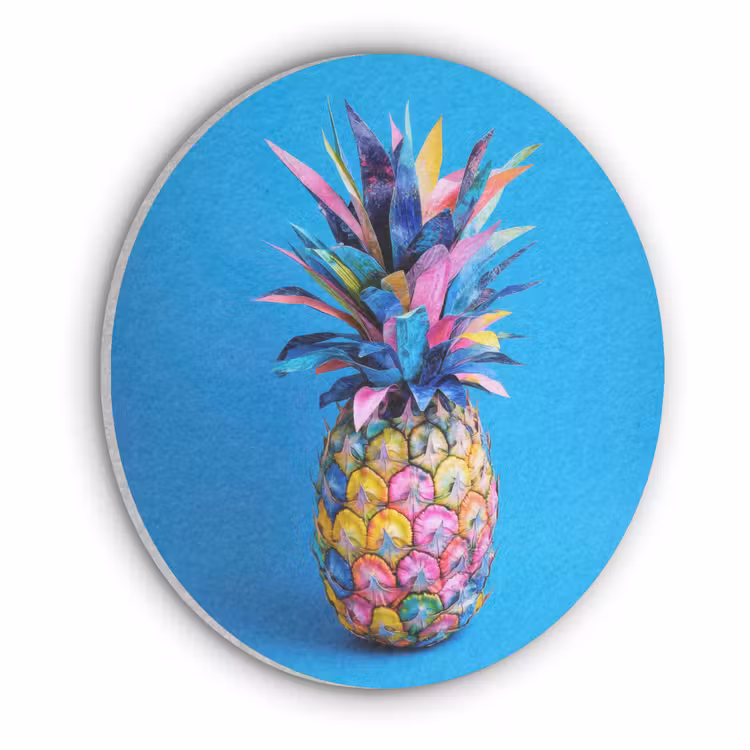 Ananas - Blauw - Tropisch - Vrolijk Akoestische PET Vilt - Rond klein -3d