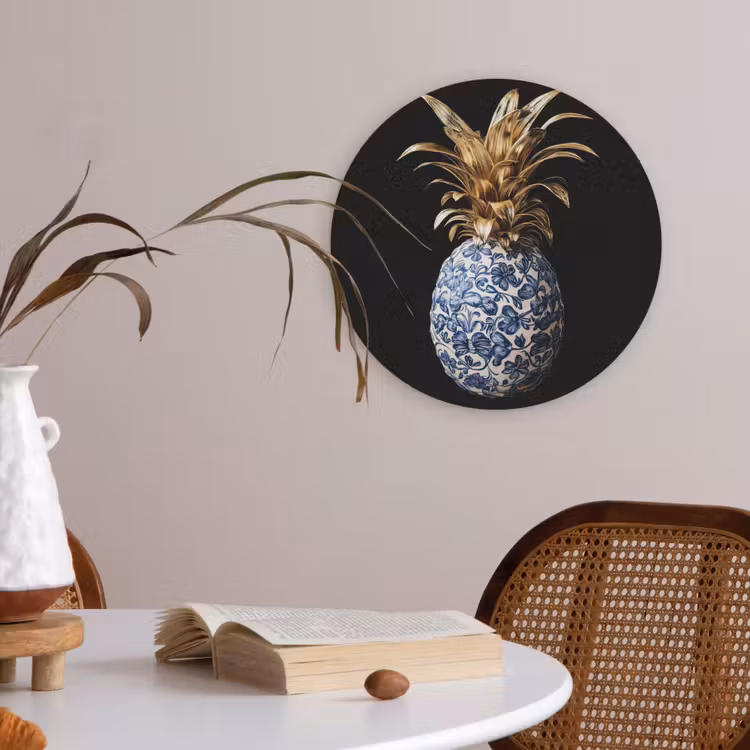 Ananas - Bloemen patroon - Goud - Delftsblauw Akoestische PET Vilt - Rond klein -sfeer3