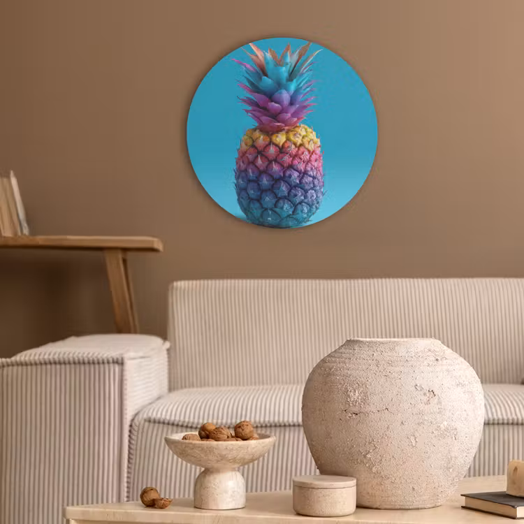 Ananas - Regenboog - Blauw - Popart Akoestische PET Vilt - Rond klein -sfeer1
