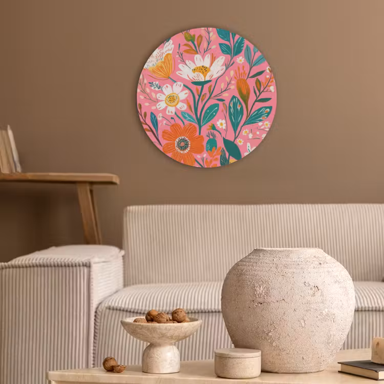 Roze - Bloemen - Wit - Oranje Akoestische PET Vilt - Rond klein -sfeer1