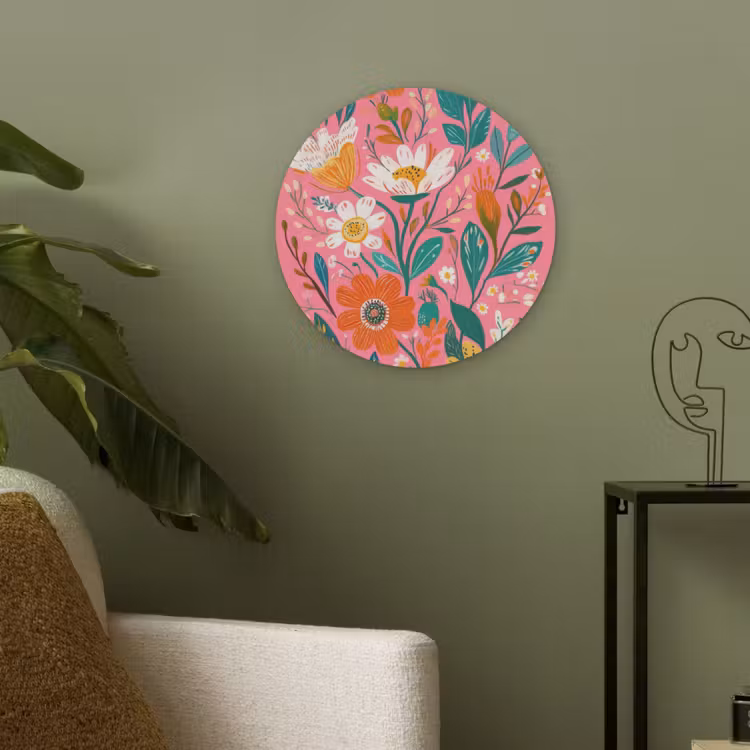 Roze - Bloemen - Wit - Oranje Akoestische PET Vilt - Rond klein -sfeer2