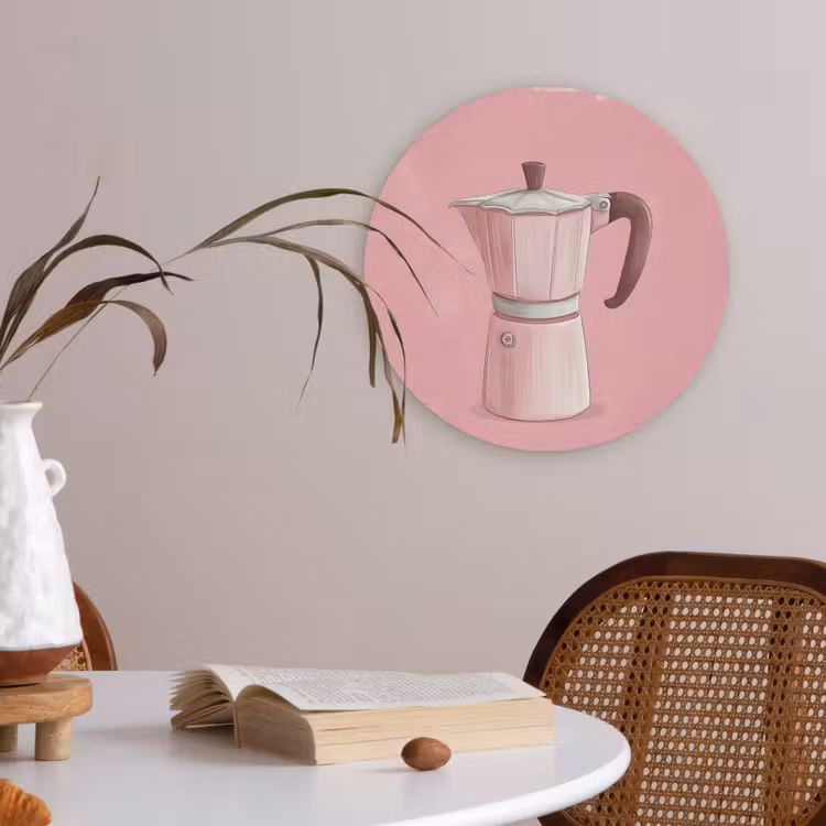 Roze - Mokkapot - Illustratie - Koffie Akoestische PET Vilt - Rond klein -sfeer3