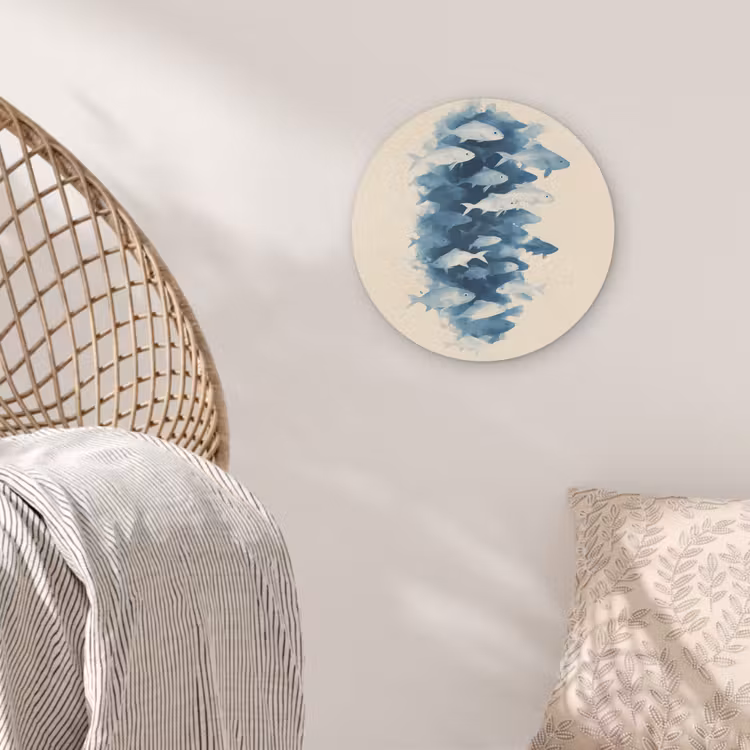 Vissen - Minimalistisch - Blauw Akoestische PET Vilt - Rond klein -sfeer4