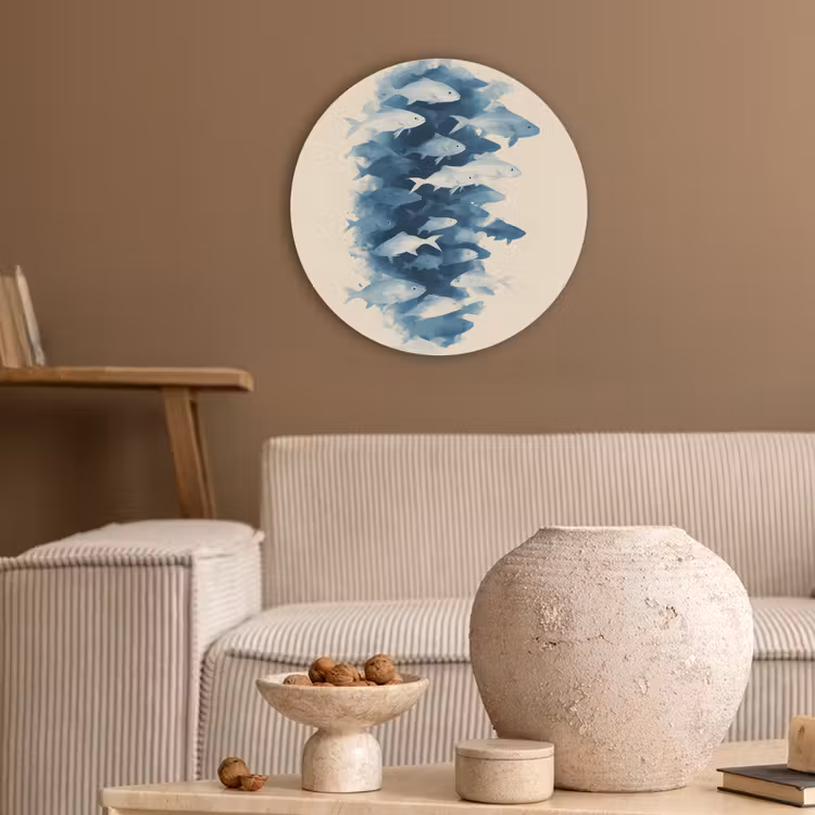 Vissen - Minimalistisch - Blauw Akoestische PET Vilt - Rond klein -sfeer1