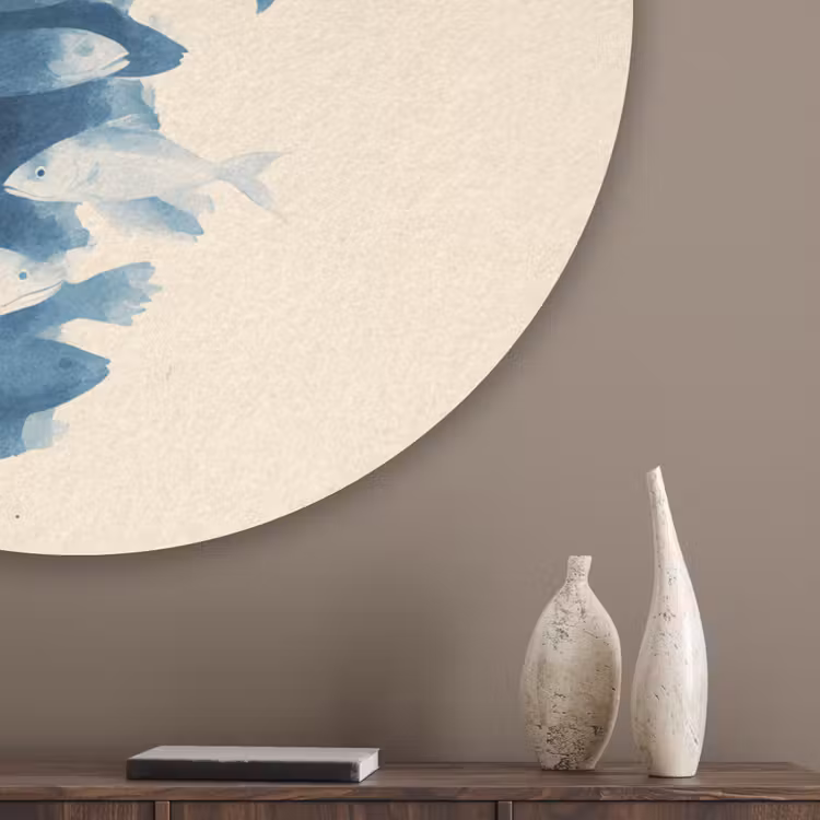 Vissen - Minimalistisch - Blauw Akoestische PET Vilt - Rond klein -sfeer5_closeup