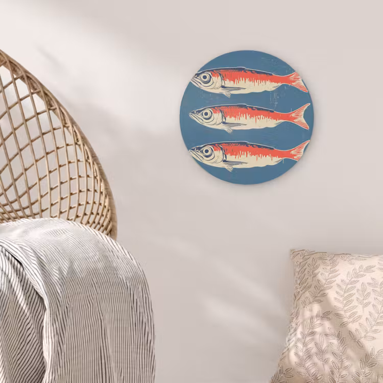 Vissen - Rood - Blauw Akoestische PET Vilt - Rond klein -sfeer4