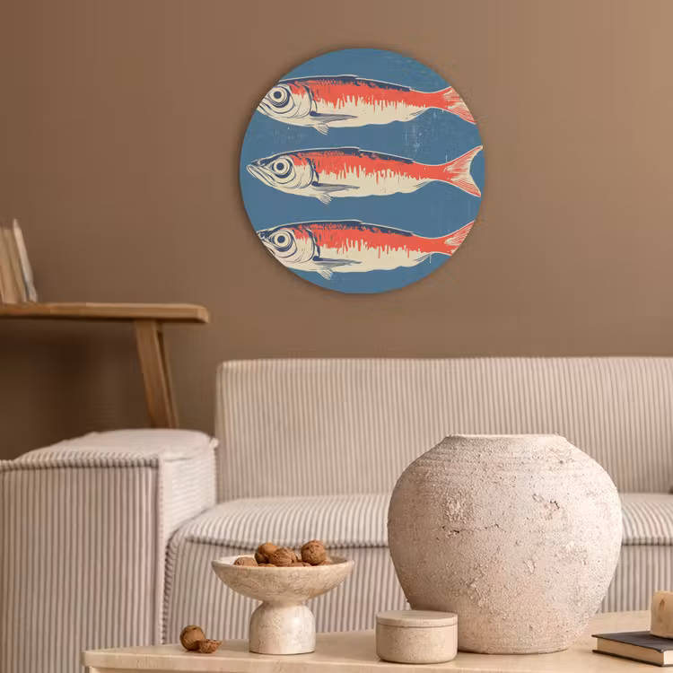 Vissen - Rood - Blauw Akoestische PET Vilt - Rond klein -sfeer1