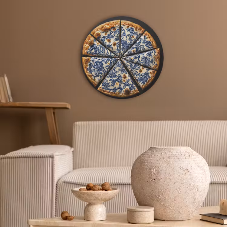 Pizza - Eten - Delftsblauw Akoestische PET Vilt - Rond klein -sfeer1