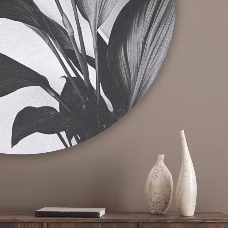 Plant - Bladeren - Minimalistisch - Zwart Akoestische PET Vilt - Rond klein -sfeer5_closeup