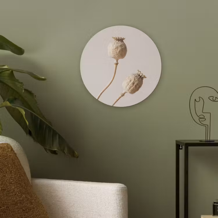 Papaverbollen - Droogbloemen - Minimalistisch - Beige - Rustig Akoestische PET Vilt - Rond klein -sfeer2