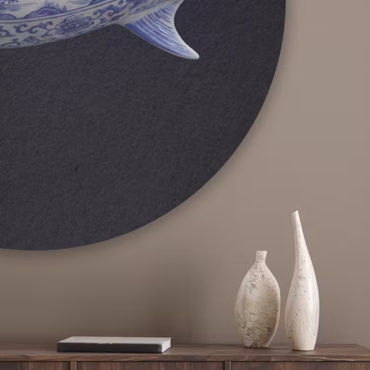 Porselein - Tonijn - Delfts - Blauw Akoestische PET Vilt - Rond klein -sfeer5_closeup