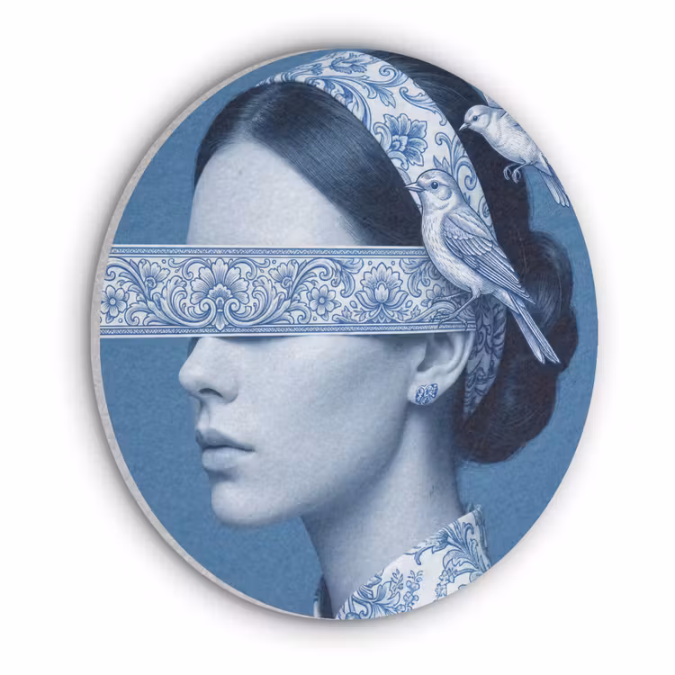 Portret - Klassiek - Wit - Blauw Akoestische PET Vilt - Rond klein -3d