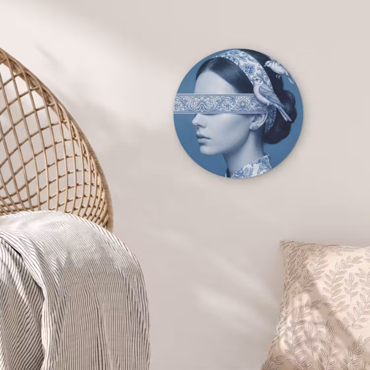 Portret - Klassiek - Wit - Blauw Akoestische PET Vilt - Rond klein -sfeer4