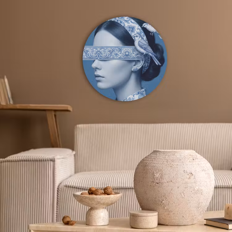 Portret - Klassiek - Wit - Blauw Akoestische PET Vilt - Rond klein -sfeer1