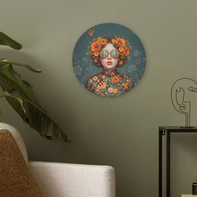 Portret - Vrouw - Kleurrijk - Expressief Akoestische PET Vilt - Rond klein -sfeer2