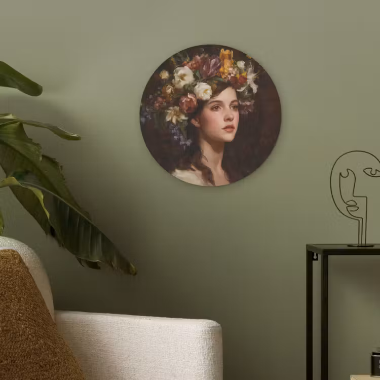 Portret - Vrouw - Bloemen Akoestische PET Vilt - Rond klein -sfeer2