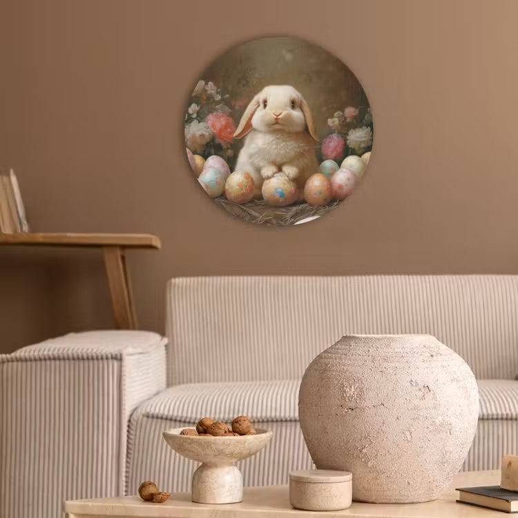 Konijn - Paaseieren - Stilleven Akoestische PET Vilt - Rond klein -sfeer1
