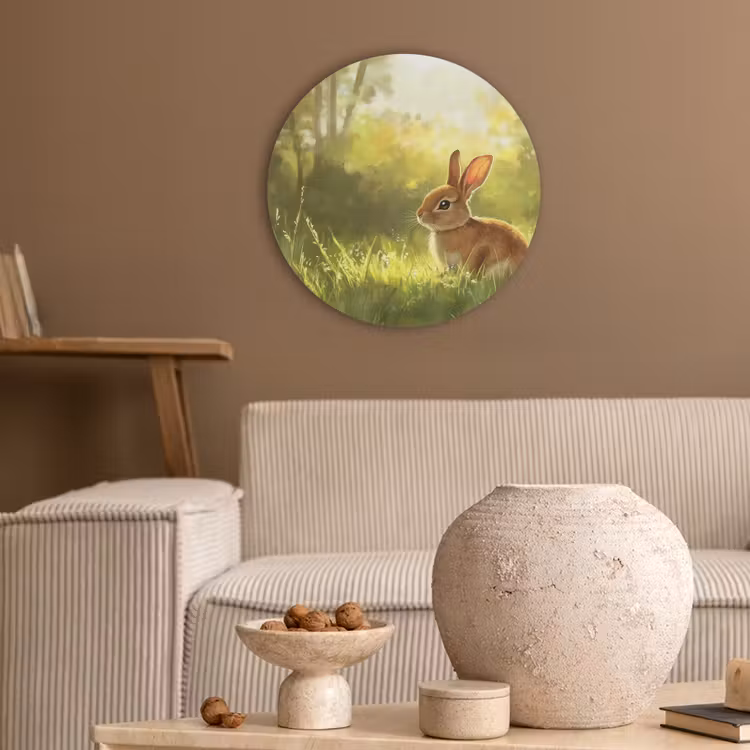 Konijn - Zonlicht - Bos Akoestische PET Vilt - Rond klein -sfeer1