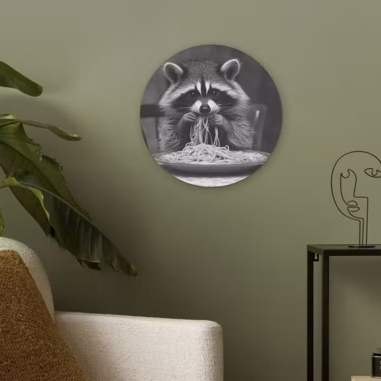 Wasbeer - Cute - Pasta - Tafelkleed - Zwart - Wit Akoestische PET Vilt - Rond klein -sfeer2