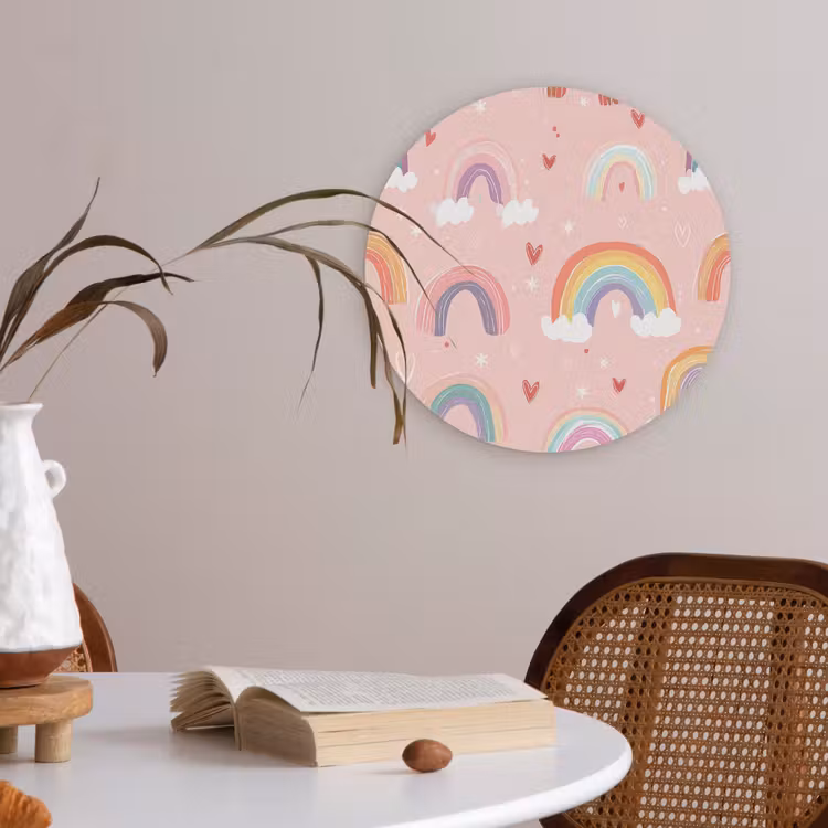 Regenboog - Patroon - Pastel - Handgetekend Akoestische PET Vilt - Rond klein -sfeer3