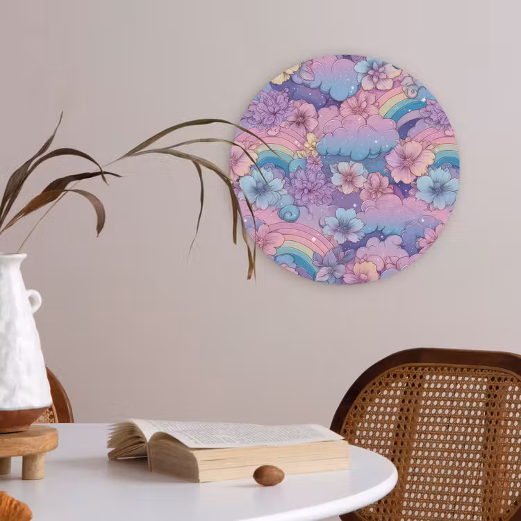 Regenbogen - Bloemen - Kleurrijk - Wolken Akoestische PET Vilt - Rond klein -sfeer3