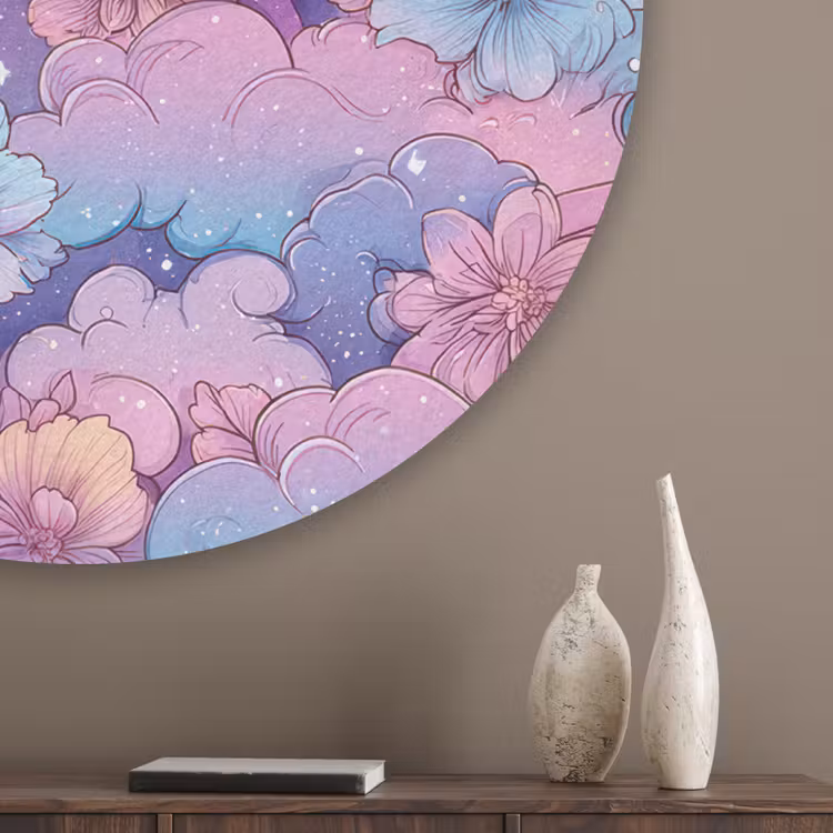 Regenbogen - Bloemen - Kleurrijk - Wolken Akoestische PET Vilt - Rond klein -sfeer5_closeup