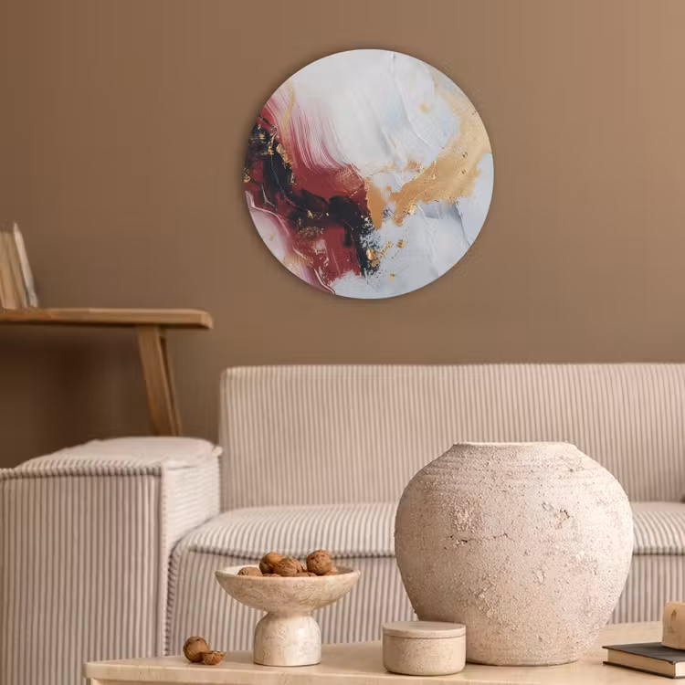 Rood - Abstract - Goud - Modern Akoestische PET Vilt - Rond klein -sfeer1
