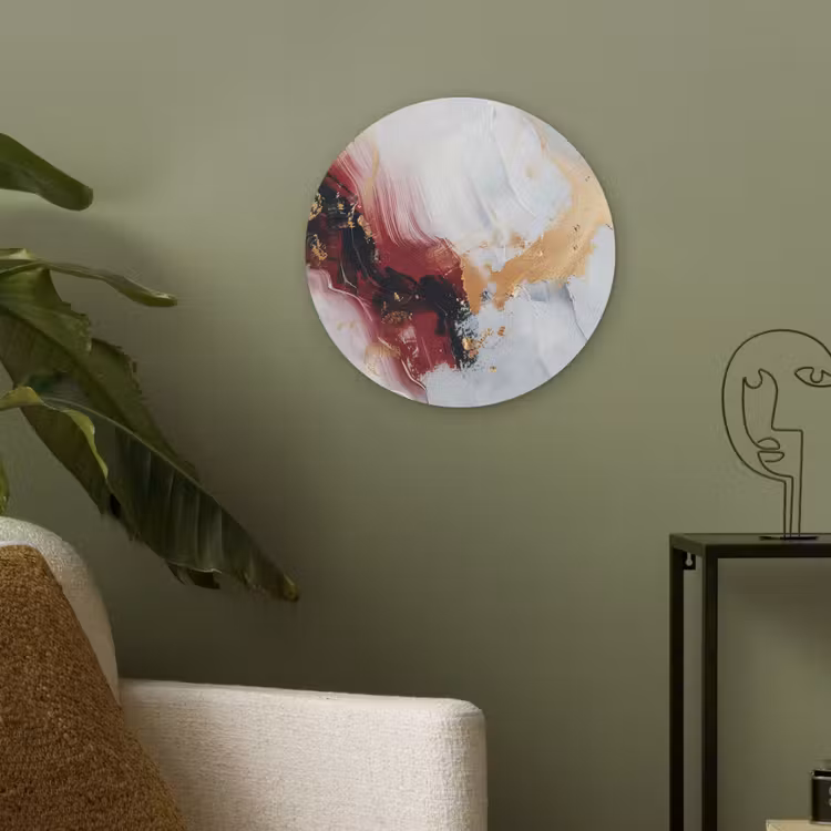 Rood - Abstract - Goud - Modern Akoestische PET Vilt - Rond klein -sfeer2